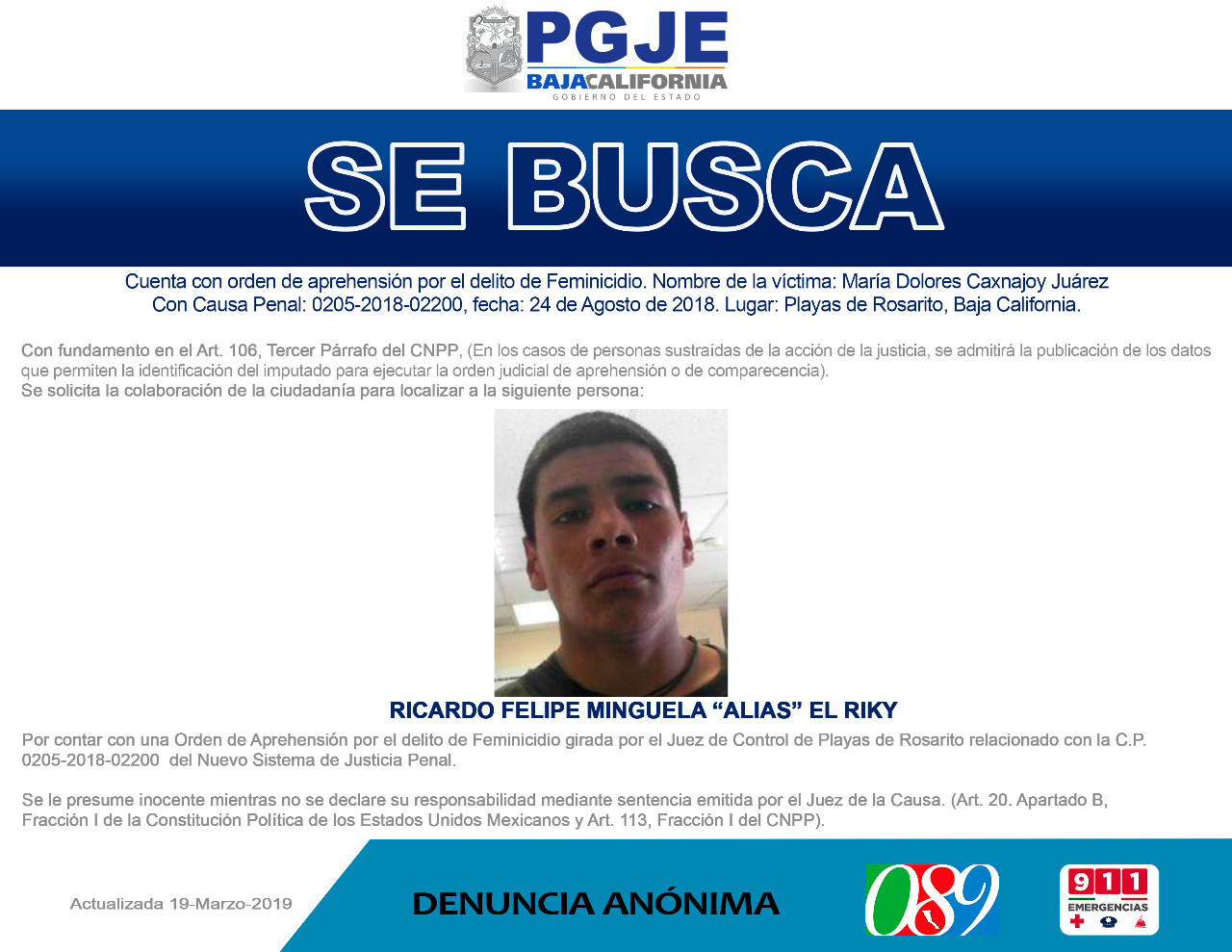 Intensifican búsqueda de presunto feminicida de María Dolores de Playas de Rosarito