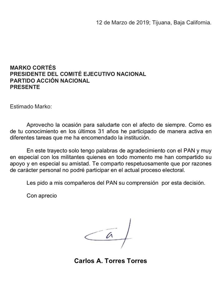 Pide Carlos Torres a Marko Cortés licencia para no participar con el PAN en estas elecciones