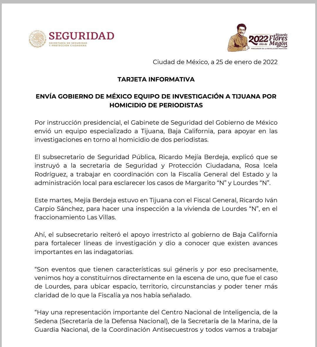 Integra Gobierno de México equipo del Gabinete de Seguridad a investigacion de asesinato de periodistas de Tijuana 