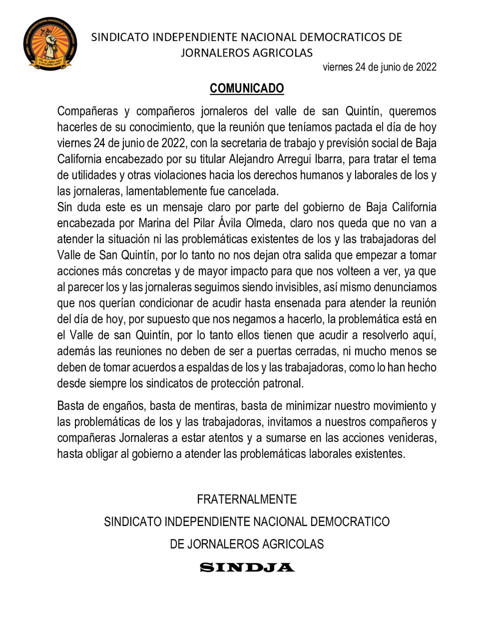 Cancela Secretaría del Trabajo de BC reunión con sindicato jornalero de SQ