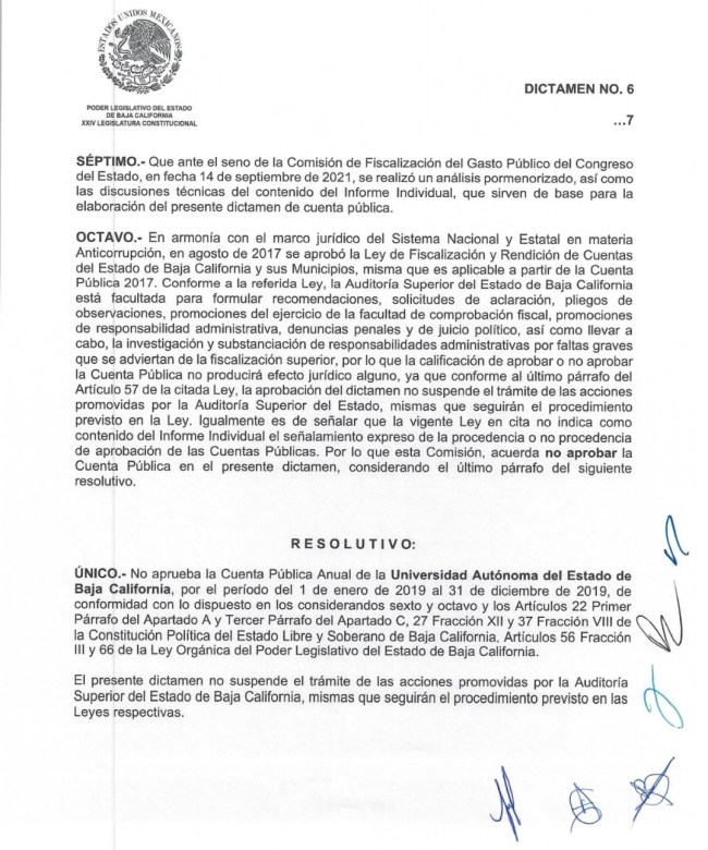 Congreso rechaza Cuenta Pública de la UABC de 2019