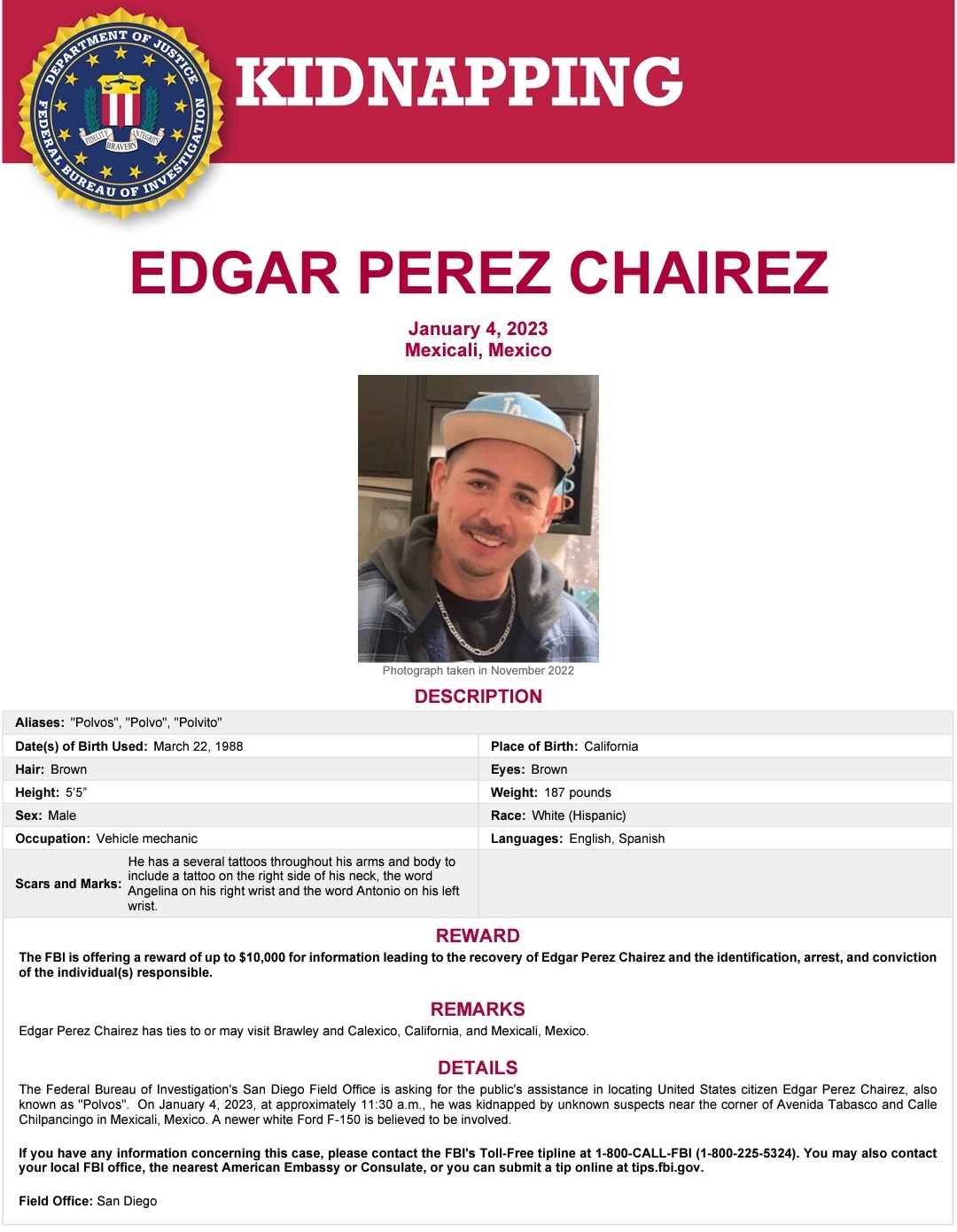 Ofrece FBI 10 mil dólares para localizar a hombre de Brawley secuestrado en Mexicali