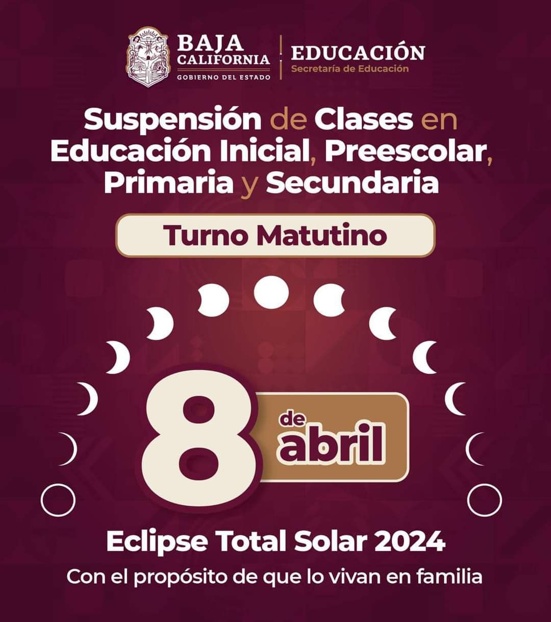 Suspenderán clases en turno matutino en BC por eclipse solar