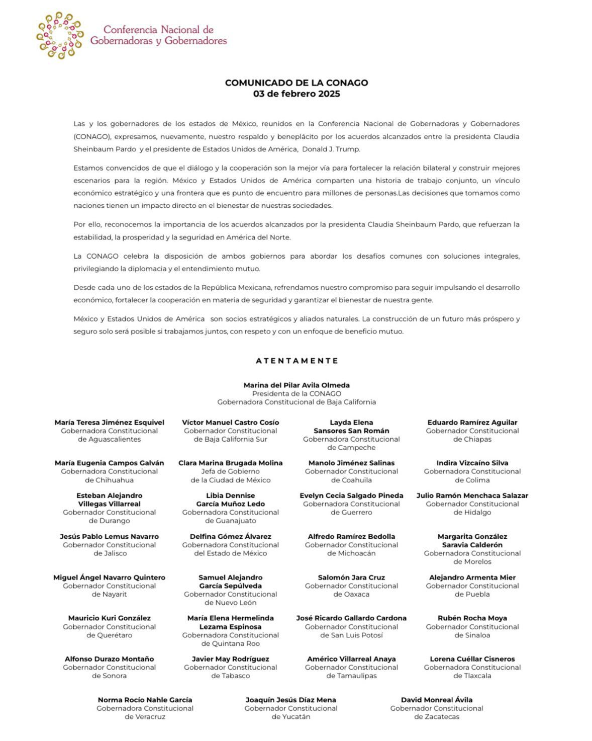 Gobernadores reconocen acuerdo de presidenta Sheinbaum con Trump