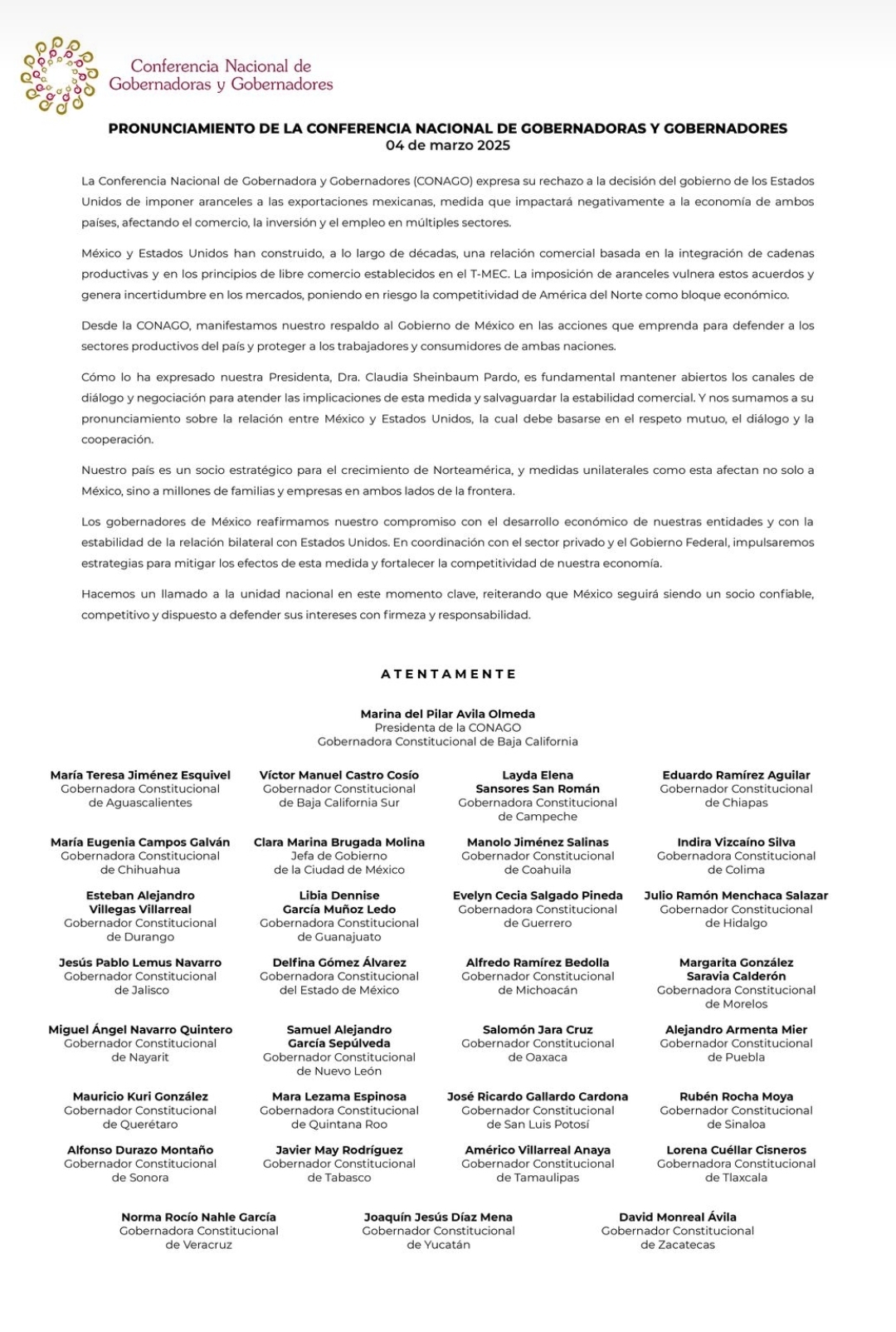 Llama CONAGO a la unidad nacional ante imposición de aranceles por EU y a respaldar a Claudia Sheinbaum