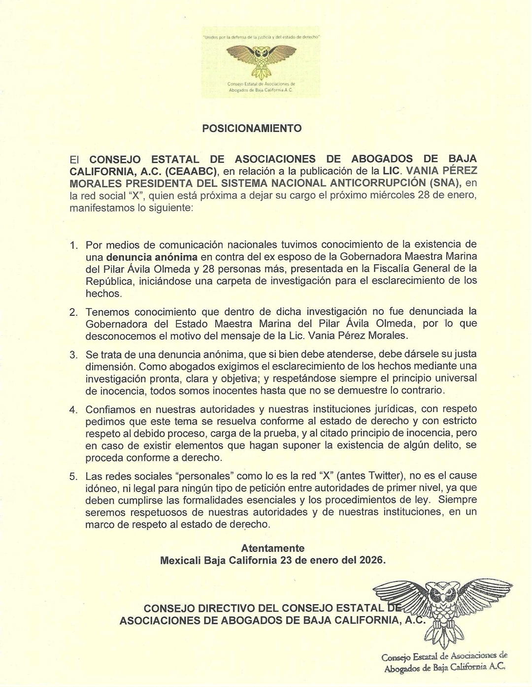 Rechazan asociaciones de Abogados de BC petición de presidenta del Sistema Nacional Anticorrupción.