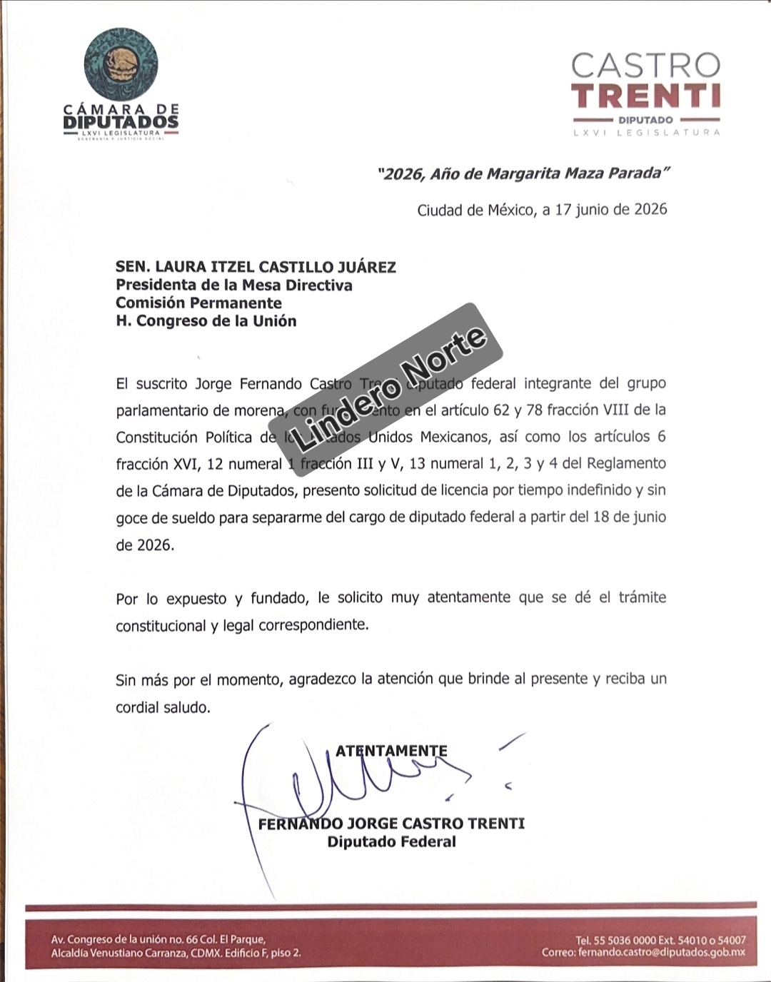 Pide Castro Trenti licencia indefinida