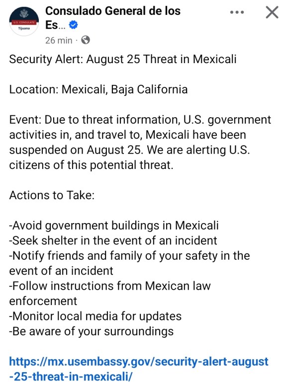 Emite EU nueva alerta para suspender sus actividades en Mexicali