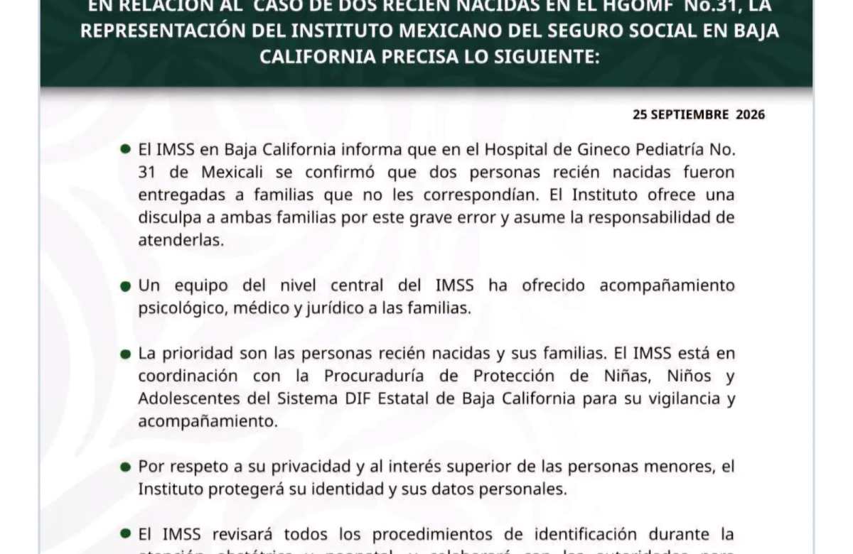 Yerro del IMSS en BC intercambiar niñas recién nacidas