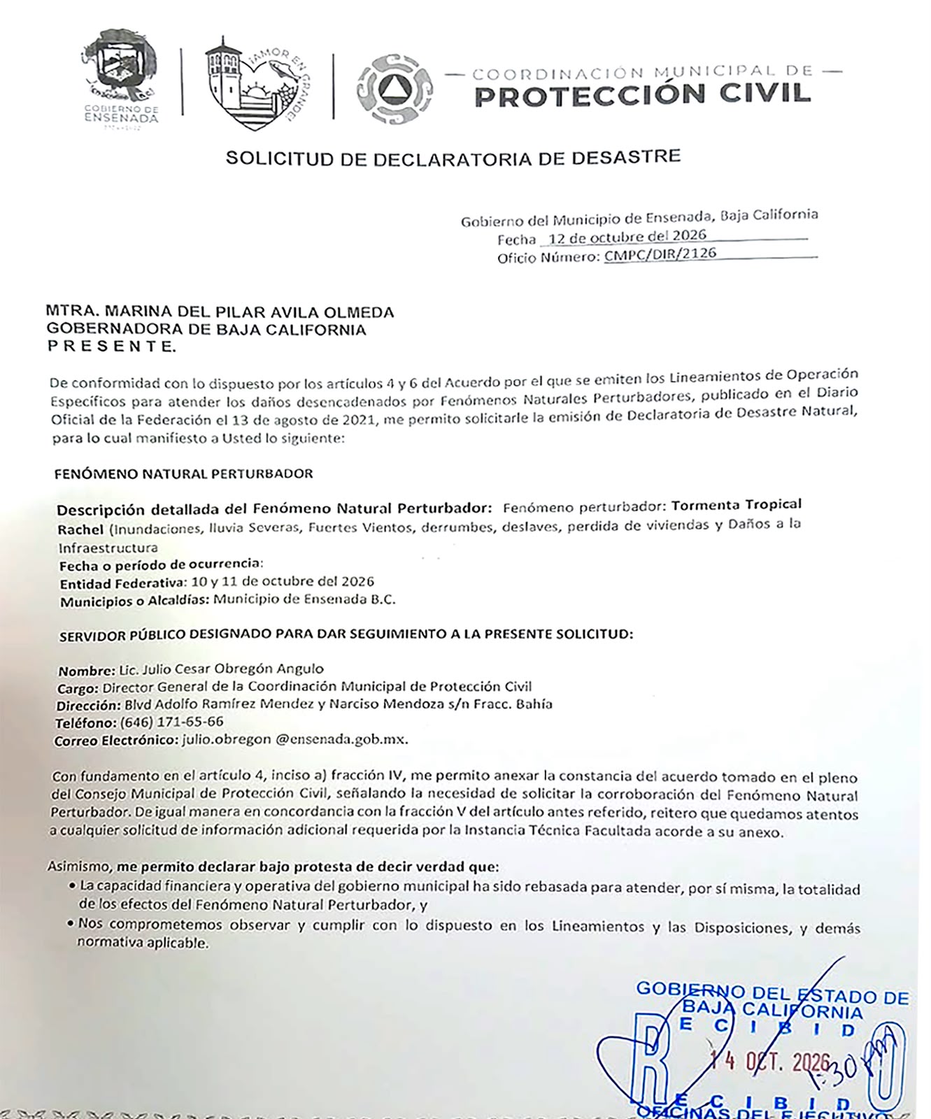 Solicitan Ensenada declaratoria de Desastre Natural por víctimas de tormenta Rachel